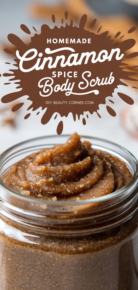 Homemade cinnamon spice body scrub in a glass jar, perfect for exfoliating and nourishing skin with natural ingredients. Homemade Body Care Recipes, Homemade Skin Exfoliator, Fall Sugar Scrub Recipes, Winter Body Scrub Diy, Non Toxic Body Scrub, Homemade Body Care Products, Whipped Scrub Diy, Diy Sugar Scrub Recipe Homemade, Body Exfoliator Diy