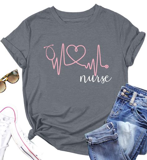 PRICES MAY VARY. MATERIAL: This nurse t-shirt for women is made of 60% Polyester 35%Cotton 5% Spandex which combination will make you feel more comfortable and breathable to wear, and keep you dry all day long. This nurse t-shirt will not fade or peel with multiple wears and washes. UNIQUE DESIGN: The special design of this cute nurse t-shirt is the letters “Nurse” and a heartbeat Graphic, which makes people feel very lively and cute. Let you have sunshine and a positive attitude to accompany an Cute Short Sleeve Tops, Nursing Life, Nurse Shirts, Nurse Mugs, Cute Nurse, School Gift, Short Sleeve Tops, Nursing Tshirts, Gift Cute