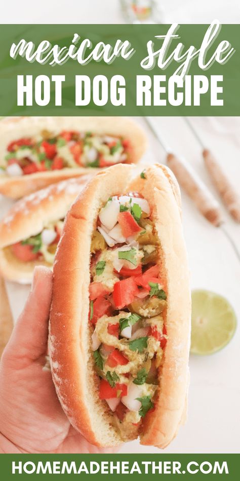 Mexican Style Hot Dog Recipe Bbq List, Mexican Hot Dogs Recipes, Mexican Hot Dogs, Boiled Hot Dogs, Hot Dog Recipe, Baked Hot Dogs, Chili Cheese Dogs, Cheese Sauce Recipe, Beef Hot Dogs