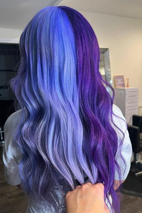 #splitdye #purplehair #trendysplitdye #colorcombination #hairtransformation #hairinspo #purplehairdye Purple Split Dye, Angel Colors, Split Dye Hair Ideas, Dye Hair Ideas, Periwinkle Hair, Split Dye Hair, Fox Hair Color, Half And Half Hair, Split Dye