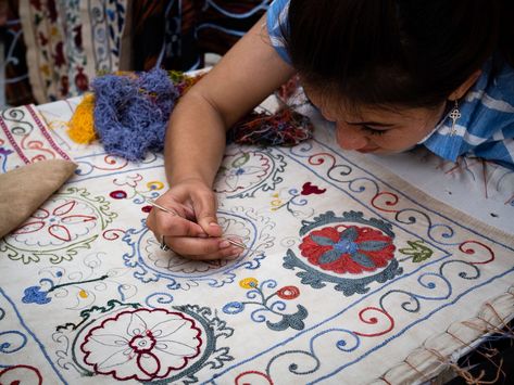 Suzani Embroidery from Uzbekistan - Behind the Scenes Adventures Embroidery Cushion, Turkish Style, Purple Pillows, Coverlet Bedding, Hand Work Embroidery, Garden Pillows, Handwoven Fabric, Ikat Pillows, Pink Pillows