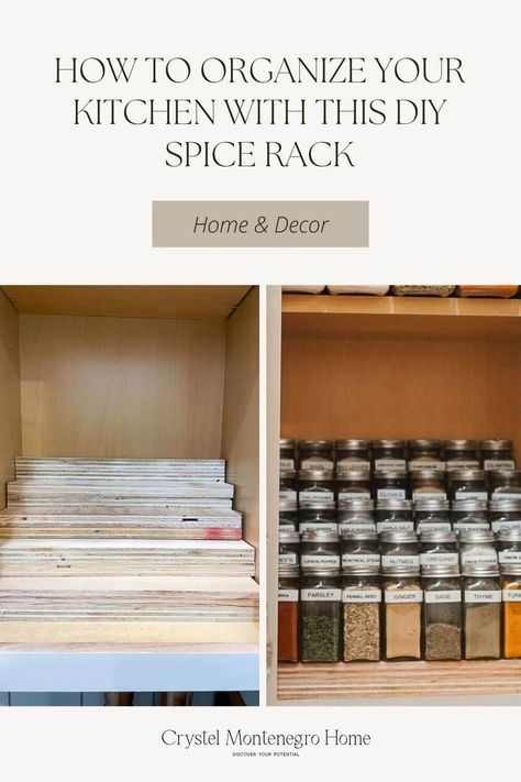 Easy and Functional DIY Tiered Spice Rack! - Crystel Montenegro Home Tiered Spice Rack, Diy Spice Storage, Knife Drawer Organizer, Kitchen Hacks Diy, Spice Cupboard, Clever Kitchen Hacks, Cabinet Spice Rack, Diy Spice Rack, Spice Organizer