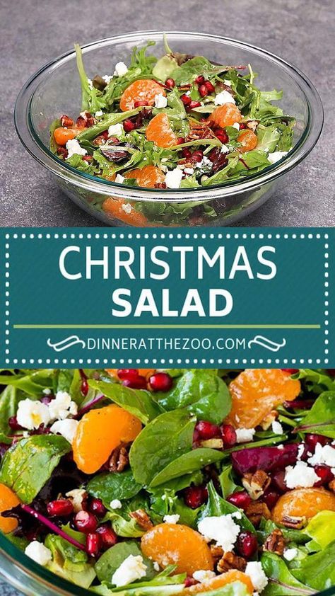 This Christmas salad is a blend of mixed greens, oranges, pomegranate, feta cheese and candied pecans, all tossed in a homemade dressing. An easy and festive salad that is the perfect addition to any holiday menu! #NaturalWaysToCleanseYourColon Salad Recipes Christmas, Festive Salad, Best Christmas Appetizers, Christmas Salad Recipes, Christmas Salad, Christmas Salads, Resep Salad, Best Salad Recipes, Homemade Dressing