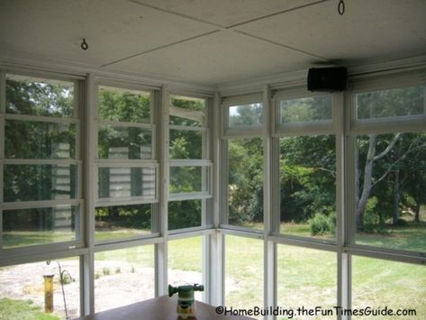 Four-track windows on a screened in porch let plenty of fresh air in. photo by Randy at TheFunTimesGuide.com 3 Season Porch Ideas, Porch To Sunroom, Eze Breeze Windows, Eze Breeze, Sunroom Windows, Back Porch Designs, Screened In Porch Diy, Glass Porch, Patio Windows