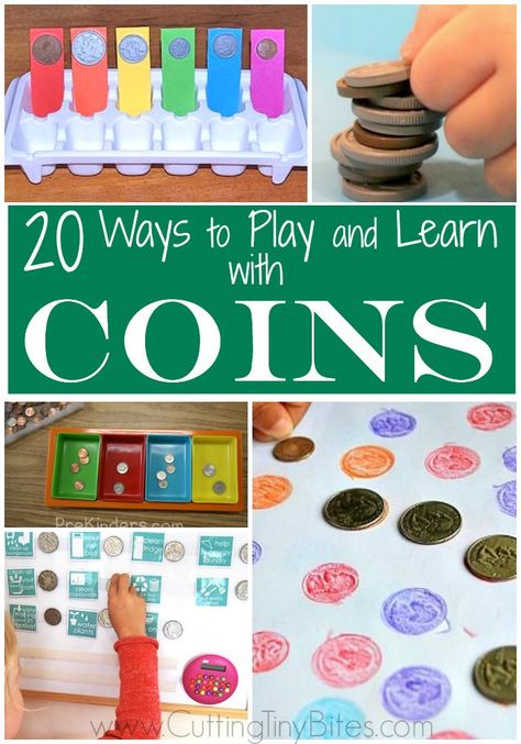 20 Easy Math Activities Using Coins for Preschoolers and Kindergarteners Coin Activities Preschool, Coin Counting Activities, Kindergarten Money, Build A Bug, Money Kindergarten, Invitation To Create, Easy Math Activities, Tiny Bites, Learning Money