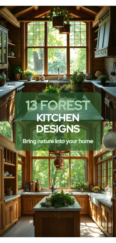 forest kitchen design Earthy Vintage Kitchen, Nature Kitchen Aesthetic, Nature Themed Kitchen, Greenhouse Kitchen Ideas, Forest Home Aesthetic, Natural Home Design, Nature Inspired Kitchen, Earthy Kitchen Ideas, Decorating With Nature