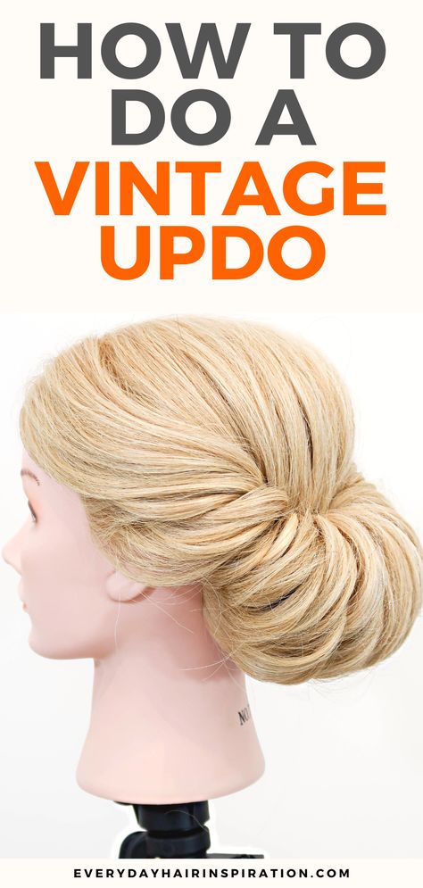 Vintage updo 30s Updo, 1930 Updo, Fun Hair Updos Simple, 1950s Updos For Long Hair, 1940 Women Hairstyles, Old Fashioned Updos For Long Hair, Easy French Roll Updo, 1930s Updo Hairstyles, Easy Retro Hairstyles For Long Hair