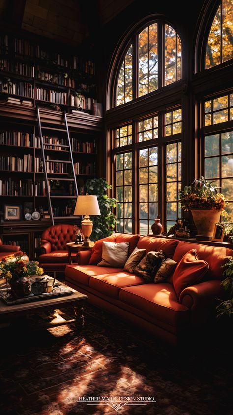 Library Room Aesthetic Vintage, Dark Academia Style Home, Big Bookcase Aesthetic, Vintage Home Library Cozy, Home Library Aesthetic Vintage, Old Fashioned Library Room, Home Library With Windows, Library Living Room Aesthetic, Cozy Home Aesthetic Vintage