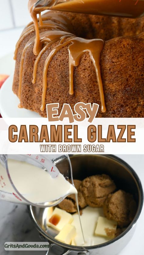 This easy recipe for Caramel Glaze is also a simple caramel sauce made with brown sugar, butter, and whipping cream. You literally just combine the ingredients and cook in a saucepan. So easy! Perfect as a glaze for my Apple Pecan Cake. Caramel Topping Recipe, Simple Caramel Sauce, Caramel Cake Filling, Caramel Drizzle Recipe, Dip For Apples, Glazed Icing Recipe, Recipe For Caramel, Caramel Recipe Easy, Brown Sugar Cakes