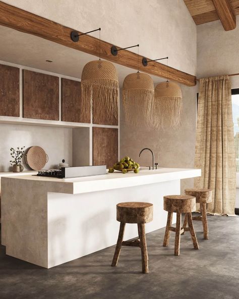 House in Minimalist Wabi-Sabi Style, Tur|Visualization Wabi Sabi Kitchen, Modern Boho Kitchen, Wabi Sabi Interior, Wabi Sabi Style, Rattan Pendant, Rattan Pendant Light, Boho Kitchen, Kitchen Island Lighting, Kitchen Styling