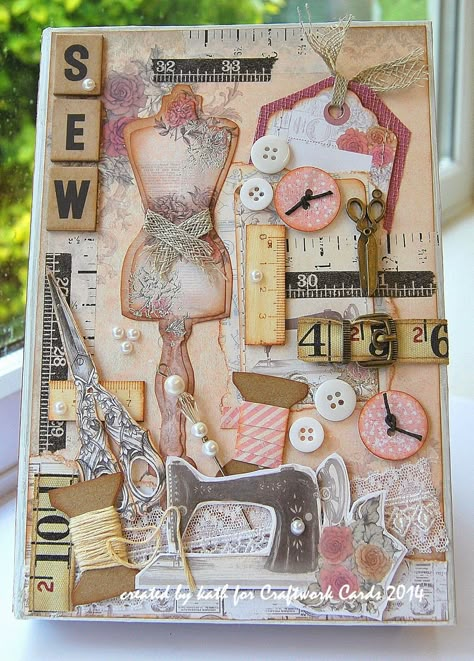 Kath's Blog: Paper Couture Meets Tim Holtz File Decoration Ideas, Artist Trading Card, Craftwork Cards, Sewing Cards, Pola Sulam, Vintage Junk Journal, Sewing Book, Sewing Art, Scrapbook Journal