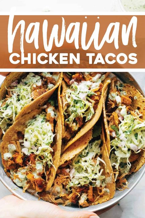 These Instant Pot Hawaiian Chicken Tacos are out of this WORLD. Juicy pineapple and spiced chicken crisped under the broiler, tucked into tortillas, and rolled up with creamy jalapeño ranch slaw. #tacos #hawaiian #chicken | pinchofyum.com Chicken And Pineapple Tacos, Pineapple Tacos Chicken, Hawaiian Tacos, Pineapple Chicken Tacos, Hawaiian Chicken Tacos, Instant Pot Hawaiian Chicken, Slaw Tacos, Crockpot Shredded Chicken Tacos, Ranch Slaw