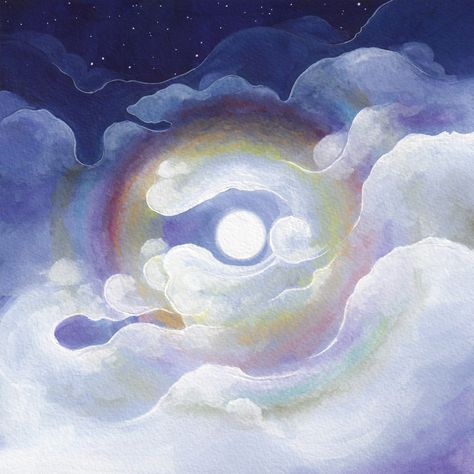 Moonbow, rainbow, optical phenomena, clouds in night sky, starry sky, animism Cloud Art Aesthetic, Whimsical Clouds Drawing, Rainbow Clouds Painting, Mystical Clouds, Clouds With Rainbow, Dreamy Cloud Painting, Angel In Clouds Painting, Surrealist Painting, Optical Phenomena