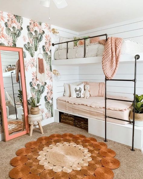 @bedrooms_of_insta shared a photo on Instagram: “🌵🌸 I think any little fives would be happy with this bunk room! By @sharee.designs #bunkbed #bunkbeds #bunkroom #kidsroom #kidsbedroom…” • Jun 29, 2021 at 1:03pm UTC Bunk Bed Boho Room, Boho Room With Bunk Beds, Boho Bunk Room, Boho Bunk Bed Ideas, Rustic Girls Bedroom, Bunk Beds Design, Sisters Room, Shared Girls Room, Big Girl Bedrooms