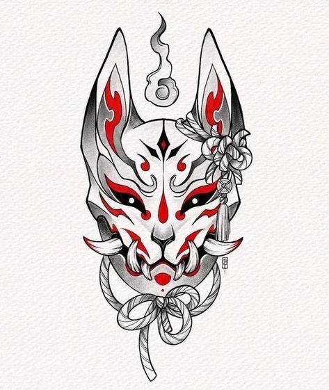 Wolf Mask Tattoo, Kitsune Mask Design, Demonic Art, Samurai Mask Tattoo, Mascara Oni, Japanese Demon Tattoo, Japanese Demon Mask, Japanese Mask Tattoo, Oni Mask Tattoo