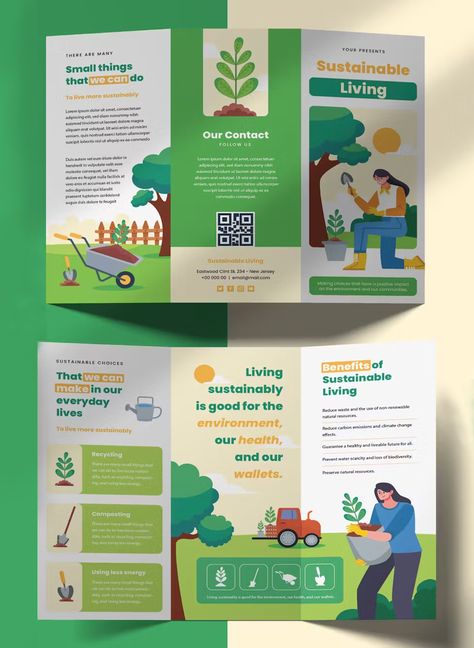 Sustainable Living Tri Fold Brochure Template AI, EPS Trifold Layout Design, Infographic Brochure Design Layout, Information Brochure Design, Folding Brochure Design, Sustainability Design Poster, Trifold Poster Ideas, Tri Fold Brochure Design Layout, Trifold Brochure Design Creative, Sustainability Brochure