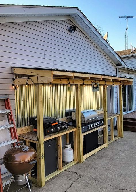 Diy Gas Grill Station, Garage Cooking Area, Outdoor Cooking Area On Deck, Outside Cooking Station, Outdoor Smoker Grill Area Backyard, Blackstone And Grill Outdoor Kitchen, Diy Bbq Island Grill Station, Outdoor Grill Shed, Outdoor Kitchen Off Garage