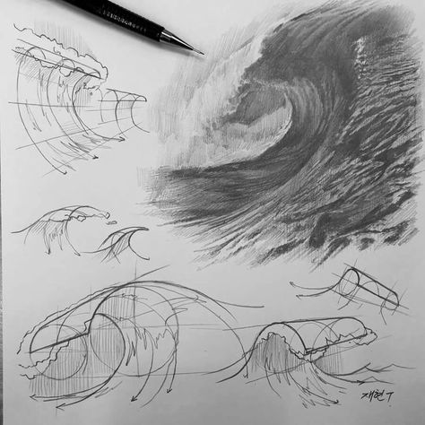 Tutorial Drawing. Waves Sketch, Wave Tutorial, Wave Drawing, Structural Drawing, Some Drawings, Tutorial Drawing, Perspective Drawing Lessons, Concept Art Tutorial, Seni Dan Kraf