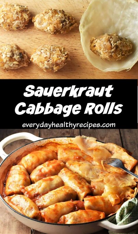 Making sauerkraut cabbage rolls and side view of finished dish. Vegetarian Recipes Using Sauerkraut, Sourkrout Recipes, Ground Meat And Rice, Vegetarian Cabbage Rolls, Savory Vegan Meals, Vegan Cabbage Rolls, Cabbage Recipes Healthy, Stuffed Cabbage Rolls, Cabbage Rolls Recipe