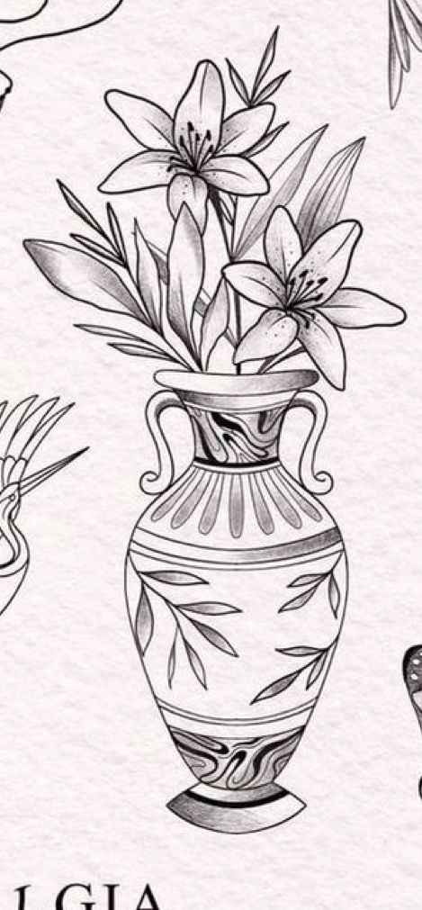 Vase Tattoo Ideas, Kintsugi Vase Tattoo, Floral Vase Tattoo, Roman Vase Tattoo, Traditional Flower Vase Tattoo, Japanese Vase Tattoo, Plant Vase Tattoo, Flowers In Vase Tattoo, Greek Vase Tattoo