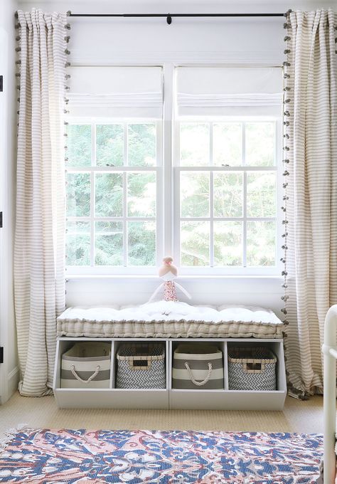 Nursery Window Seat, Window Seat With Storage, Seat With Storage, Window Seating, Kids Room Curtains, Window Seat Storage, Bedroom Minimalist, Big Kids Room, Tassel Curtains