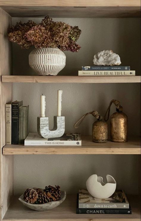 Styling Open Shelfs, Rustic Modern Shelf Decor, Shelving Styling Living Room, Winter Shelving Decor, European Modern Decor, Studio Mcgee Living Room Shelves, Home Decor Collage, Farmhouse Decor Aesthetic, Elegant Shelf Decor