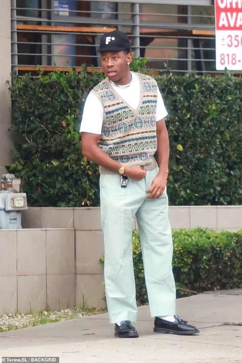 Tyler The Creator Doc Martens, Tyler The Creator Dress Up, Tyler The Creator Outfit Inspo Men, Tyler The Creator Vest, Sweater Vest Tyler The Creator, Tyler The Creator Best Outfits, Tyler The Creator Vest Outfit, Cardigan Outfit Tyler The Creator, Tyler The Creator Outfits Inspiration Men