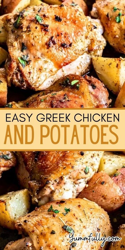 In this Mediterranean-inspired dish, red potatoes and bone-in chicken thighs are combined with a zesty marinade and then roasted to golden perfection. Easy Greek Chicken, Greek Chicken And Potatoes, Mediterranean Herbs, Bone In Chicken Thighs, Roasted Chicken And Potatoes, Bone In Chicken, Chicken And Potatoes, Greek Lemon Chicken, Mediterranean Chicken