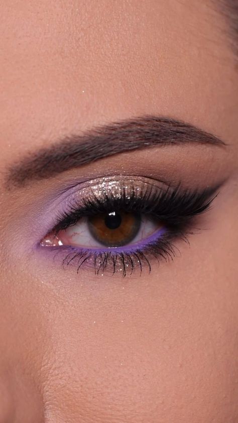 Purple Gold Makeup Look, Home Coming Make Up Looks, Purple Bridal Makeup For Brown Eyes, Purple Wedding Makeup The Bride, Purple Hoco Makeup, Purple Homecoming Makeup, Prom Makeup For Brown Eyes Purple Dress, Speak Now Makeup Looks, Lavender Makeup Looks Prom