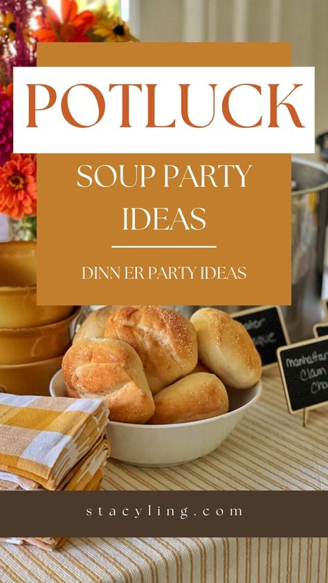 Looking for a potluck luncheon or dinner party idea? Host a soup party cook-off with these simple ideas.. #soupparty #souppartyideas #potluck #potluckideas #soupartytheme #potluckthemeideas #souppartyrecipes #chowder #chowderrecipes Soup Bar Ideas Parties, Potluck Soup, Souper Bowl Party, Soup Party Ideas, Soup Party, Soup Bar, Souper Bowl, Christmas Soup, Luncheon Menu