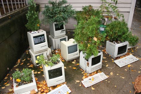 planters | by Superchou Repurposed Tools, Budget Gardening, Neon Vaporwave, Guerilla Gardening, Sustainable Projects, Guerrilla Gardening, Old Computer, Plant Containers, Plant Party