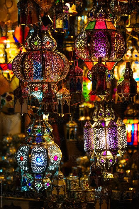 Close-up of multicolored metal carved lanterns hanging at marketplace Moroccan Lanterns Hanging, Bohemian Decorating Ideas, Dekorasi Maroko, Bohemian Decorating, Lanterns Hanging, Traditional Lamps, Turkish Lamps, Moroccan Lamp, Moroccan Lanterns