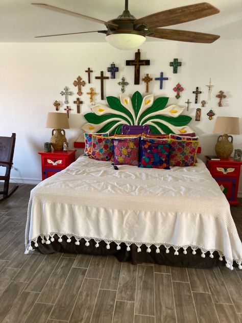 Mexican Inspired Bedroom Decor, Mexican Style Room, Hacienda Style Bedroom Decor, Mexican Theme Home Decor, Mexican Bedroom Aesthetic, Mexican Inspired Bedroom, Rustic Mexican Bedroom Furniture, Mexican Flag Room Decor, Mexican Painted Bed