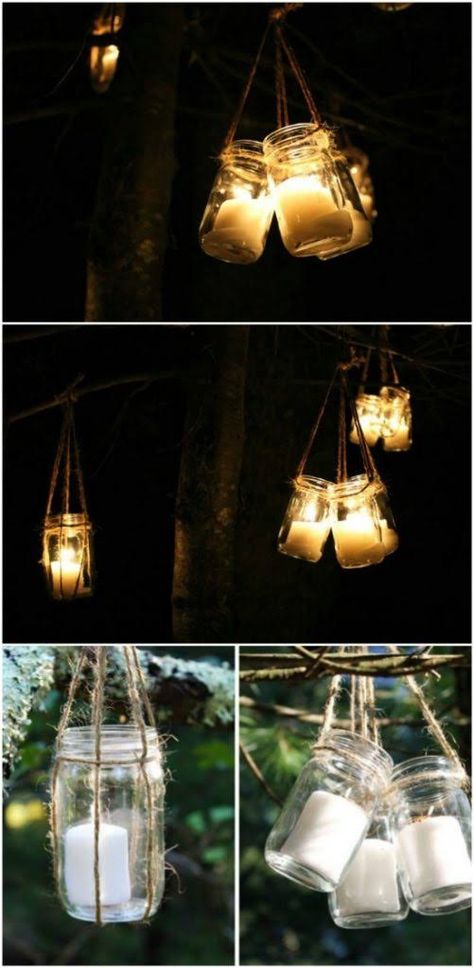 DIY Hanging Jar Lanterns Mason Jar Lamps, Jar Decoration Ideas, Hanging Mason Jar Lights, Diy Mason Jar Ideas, Easy Mason Jar Crafts, Jar Lamps, Diy Mason Jars, Jar Decoration, Mason Jar Art