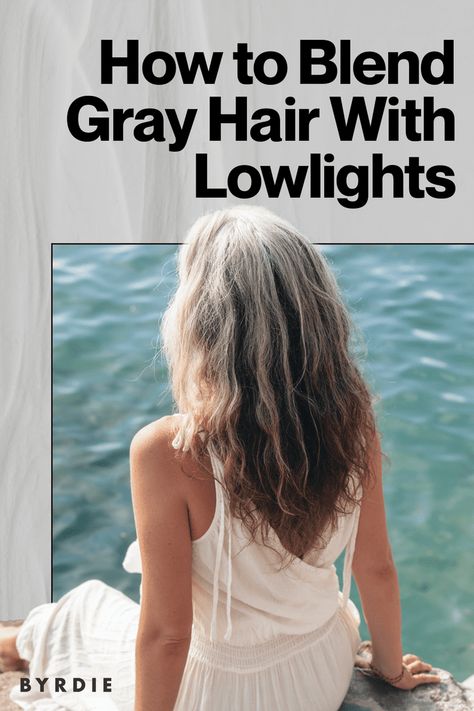 How to Transition Gray Hair With Lowlights, According to Stylists Gray Blending With Lowlights, Transitioning To Grey Hair Highlights, Lowlights For Grey Hair Going Gray, Gray Hair Brown Lowlights, Low Lights In Grey Hair Gray, Ideas For Greying Hair, Grey Blending Lowlights, Grey Hair Highlights Blending, Lowlights To Cover Grey