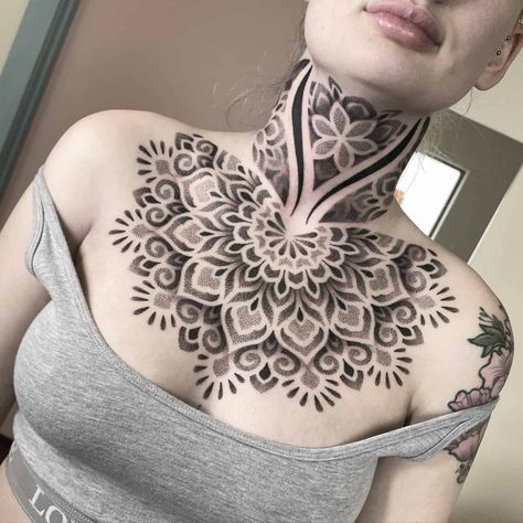 Exploring the Meaning and Beauty of Sacred Geometry Tattoos Geometric Throat Tattoo, Tattoo Women Back, Mandala Tattoo Neck, Mandala Chest Tattoo, Man Tattoo Ideas, Geometric Tattoo Neck, Chest Neck Tattoo, Sacred Geometry Tattoos, Women Tattoo Ideas