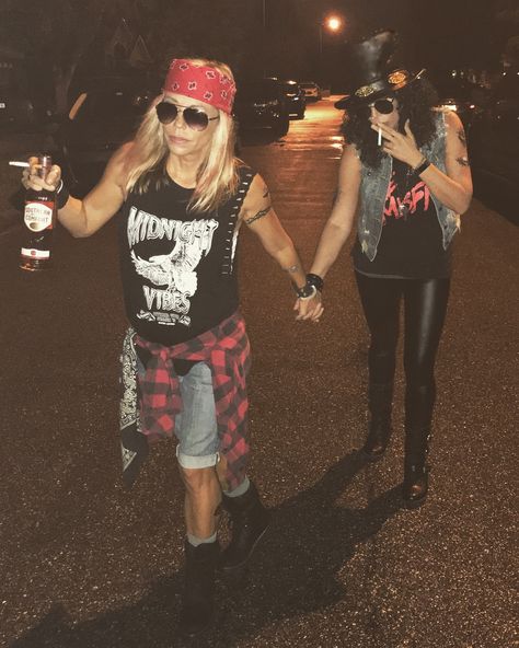 Rock N Roll Family Costume, Rick And Roll Outfits, 80s Band Costume, Rock N Roll Party Ideas Outfits, Slash Axl Rose Costume, Womens Rockstar Costume, Rock And Roll Couple Costume, Rocker Couple Costume, Axel Rose And Slash Costume