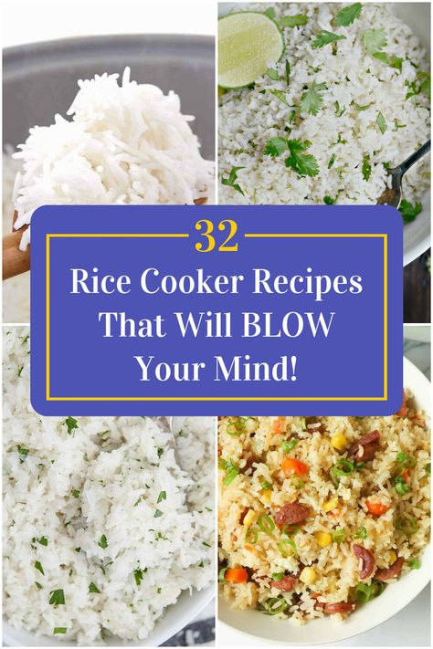 Collage of 4 rice cooker recipes. Rice Cooker Fried Rice Recipes, Flavored Rice Cooker Recipes, Rice Cooker Risotto Recipes, Rice Cooker Flavored Rice Recipes, Pressure Cooker Rice Recipes, Season Rice In Rice Cooker, Aroma Rice And Grain Cooker Recipes, What To Make In A Rice Cooker, Chinese Rice Cooker Recipes