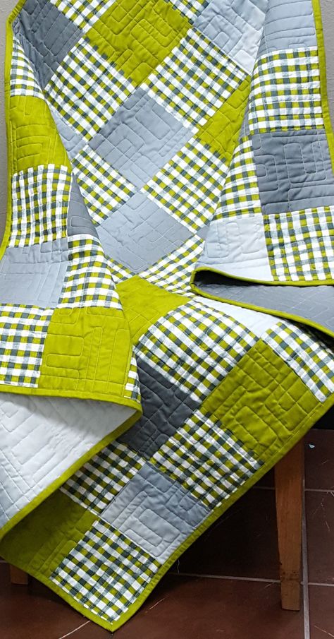 "If you have a vintage style, this quilt might be for you! With different shades and patterns of gray & green, this would be a great accent piece for your home.  This quilt is available in 1 size. All sizes are approximate. Infant - 38\" x 49\"  This quilt has been pre-washed. Your quilt is constructed with 100% cotton quilting fabric by Moda fabrics. I use 100% cotton quilt batting. Machine wash on delicate. Delicate dry. Your quilt is ready to ship now!" Baby Blanket Neutral, Neutral Baby Quilt, Gingham Quilt, Baby Quilt Kit, Neutral Quilt, Nursery Quilt, Baby Patchwork Quilt, Quilted Baby Blanket, Plaid Baby