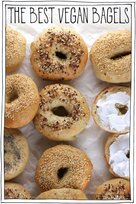 The Best Vegan Bagels are fluffy and chewy, sweet and salty, and super fun to make! Just 6 simple ingredients that you likely already have in your pantry. Making homemade bagels takes a few steps, but every step is simple and the results are so worth it! This is the perfect weekend project, and the bagels freeze wonderfully so you can enjoy them all week long. #itdoesnttastelikechicken #veganbaking #veganrecipe Vegan Everything Bagel, Vegan Sourdough Bagels, Homemade Vegan Bagels, Vegan Bagels Recipe, Easy Vegan Bagel Recipe, Vegan Bagel Recipe, Easy Bagels, Vegan Bagels, Bread Types