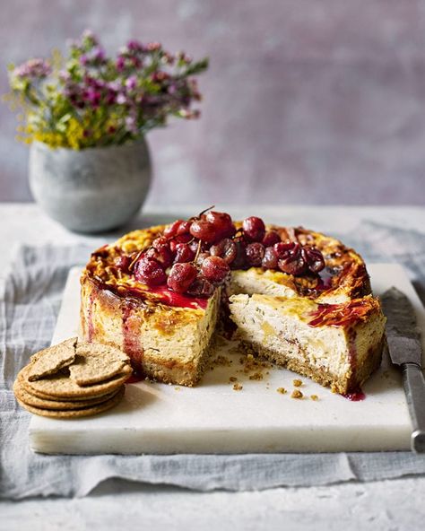 Savoury cheeseboard cheesecake with honey-roast grapes Roasted Grape Recipes, Savory Cheesecake, Grape Recipes, Savory Cheese, Oat Cakes, Delicious Magazine, Savory Tart, Savoury Baking, Honey Roasted