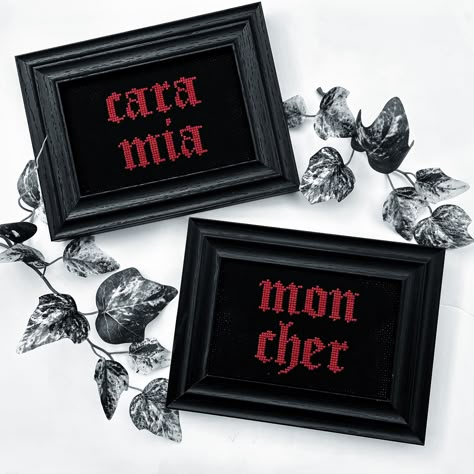 STITCH cara Mia Mon Cher Set of 2 Wooden Framed Cross - Etsy Emo Cross Stitch, Oddity Crafts, Goth Cross Stitch Pattern, Embroidery Goth, Grunge Romance, Goth Cross Stitch, Emo Witch, Goth Cross, Frat House