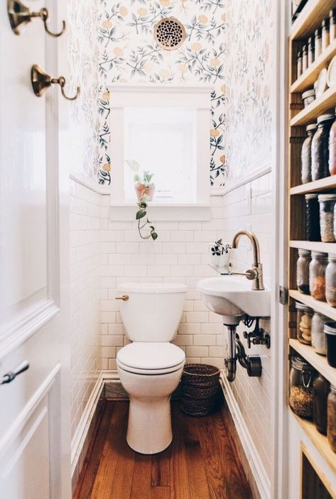 dream house, home design, wood floor, bathroom, half bath, white, tile, wallpaper, brass, interior design, Mid Century Maximalism, Classy Wallpaper, Power Room, Bad Inspiration, Powder Room Small, Powder Room Design, Tiny Bathrooms, Bathroom Color, White Subway Tile