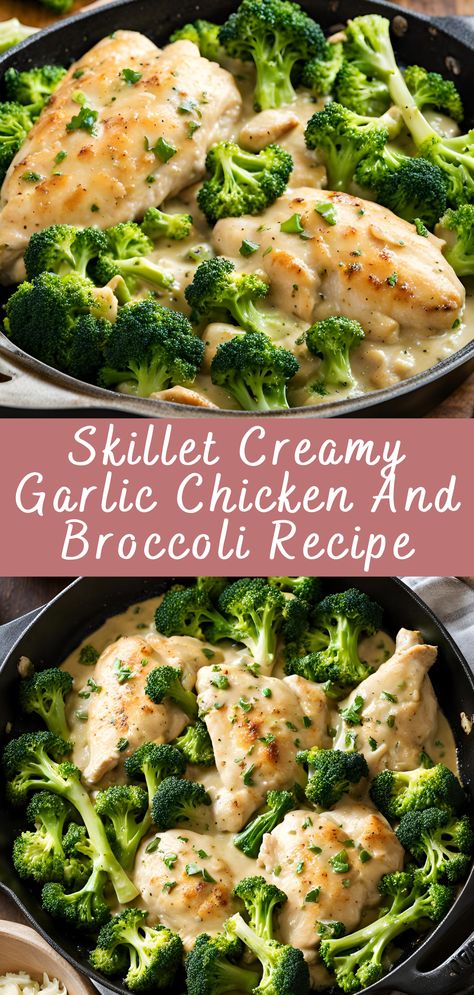 Skillet Creamy Garlic Chicken And Broccoli Recipe | Cheff Recipes Garlic Chicken And Broccoli, Chicken Broccoli Pasta Recipes, Broccoli With Garlic Sauce, Broccoli Skillet, Garlic Sauce For Chicken, Broccoli Pasta Recipe, Chicken Broccoli Pasta, Resep Pasta, Chicken Fresh