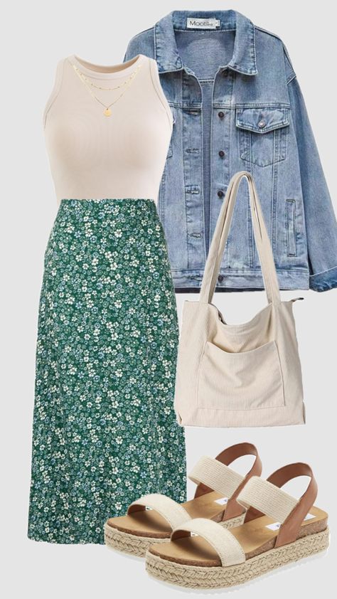 #green #darkgreen #summeroutfit #spring #outfit #picnic #casual #churchoutfit #ootd #modestoutfit #summeraesthetic #christiangirl #skirt #modest #floral Work Picnic Outfit, Modest Casual Summer Outfits, Green Floral Skirt Outfit, Floral Skirt Outfit, Modesty Outfits, Cute Modest Outfits, Casual Day Outfits, Neue Outfits, Modest Fashion Outfits