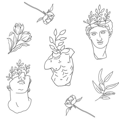 simple pack of statue and flower line art Art Deco Tattoo, Flowers Sketch, Flower Line Art, Statue Tattoo, Greek Mythology Tattoos, Handpoke Tattoo, Inspiration Tattoos, Mythology Tattoos, Greek Tattoos