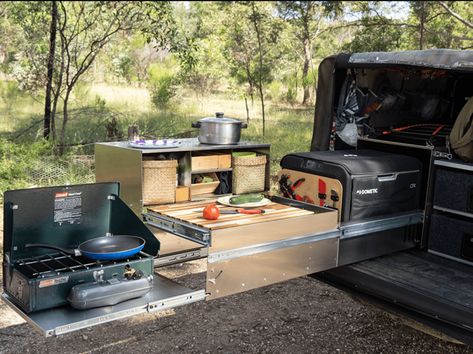 Overland Kitchen, Portable Camp Kitchen, Vans Slides, Cookware Storage, Suv Camping, Truck Beds, Pot Storage, Portable Kitchen, Camper Living