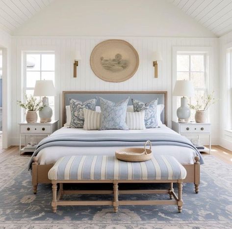 Blue And Wicker Bedroom, Light Blue Navy Bedroom, Coastal Casual Bedroom, Light Blue And Tan Bedroom, Serena And Lily Inspired Bedroom, Blue Bedding Ideas Master, Coastal Traditional Bedroom, Serena And Lily Bedroom Ideas, Serena Lily Bedroom