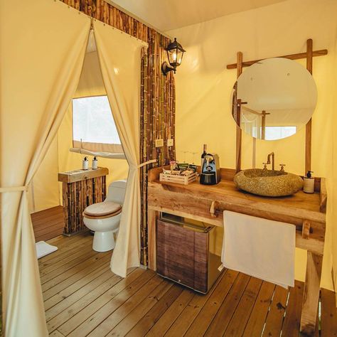 Glamping Bathroom, Glamping Business, Campsite Setup, Bell Tent Camping, Camping Bathroom, Entre Rios, Tent Living, Outdoor Bathroom Design, Barn Renovation