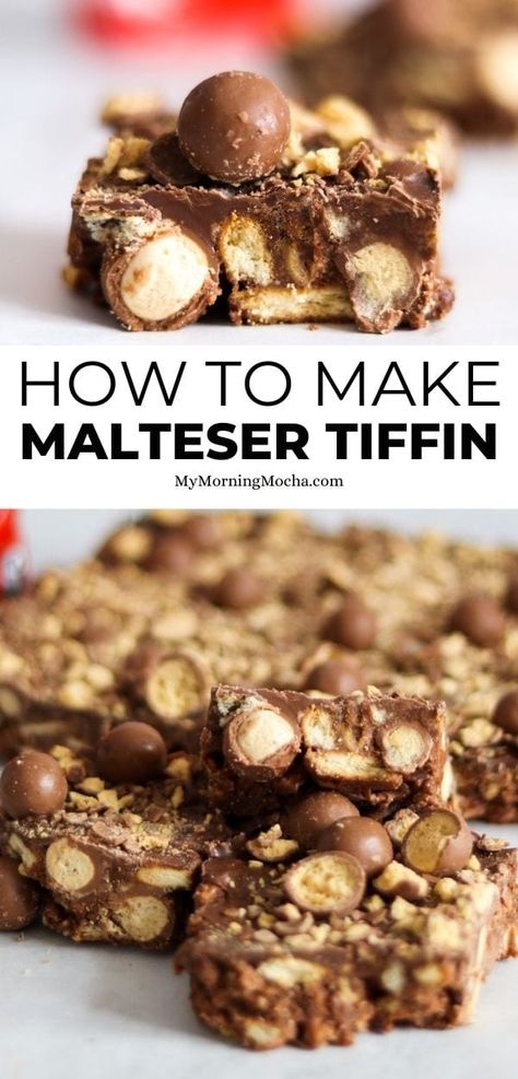 This no bake Malteser tiffin recipe is tasty and so easy to make. It's a fridge cake traybake that's so popular and delicious. Malteser Tiffin, Cake Traybake, Baking Recipes Uk, Chocolate Tiffin Recipe, Rich Tea Biscuits, Fridge Cake, Desserts Summer, Tiffin Recipe, Tray Bake Recipes